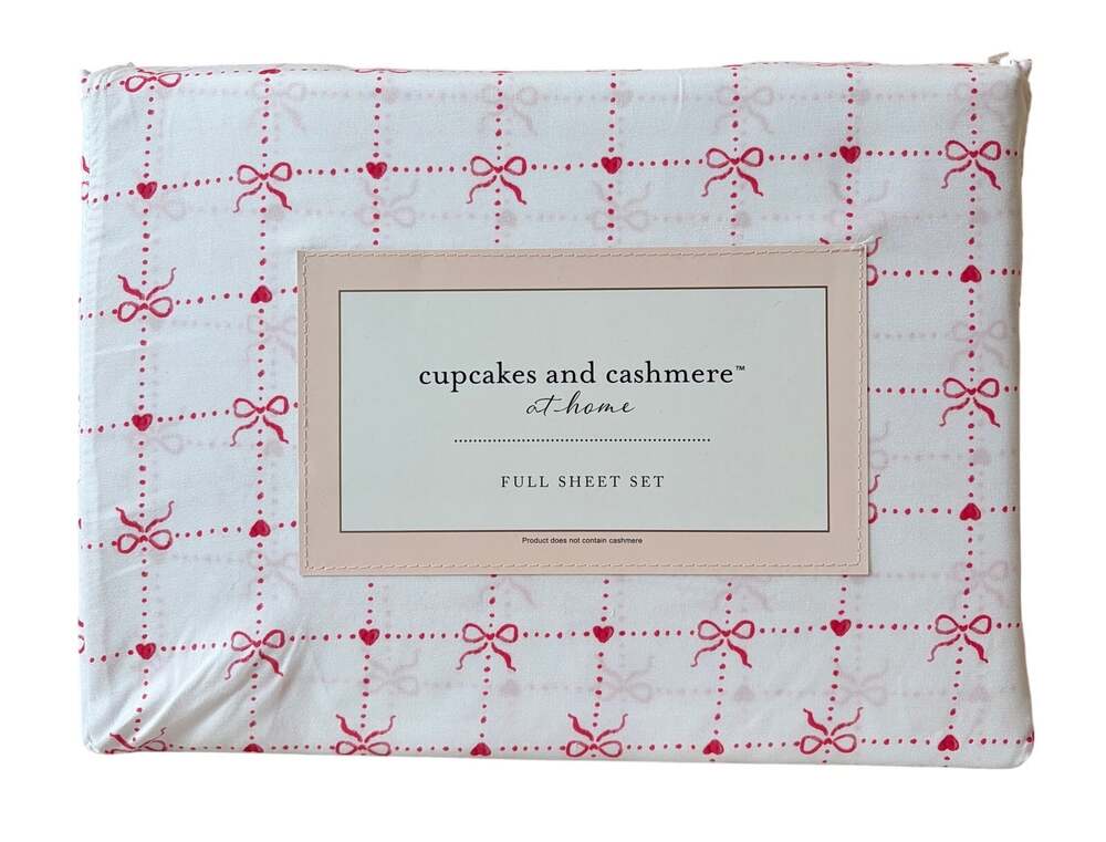 Cupcakes & Cashmere Checkered Bow FULL Sheet Set Chic Pink & White Bedding NEW